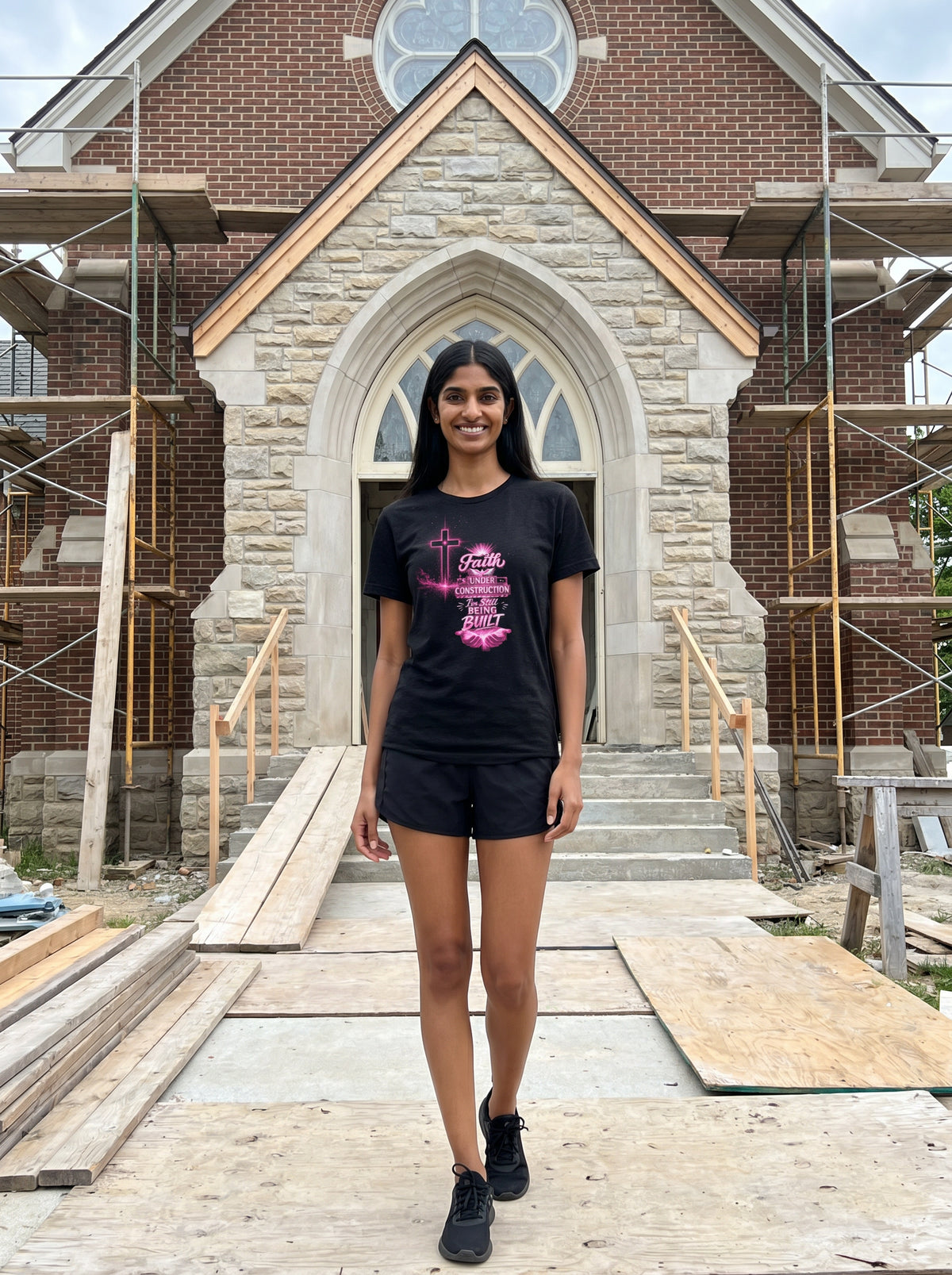 Pink Faith Under Construction short sleeve t-shirt